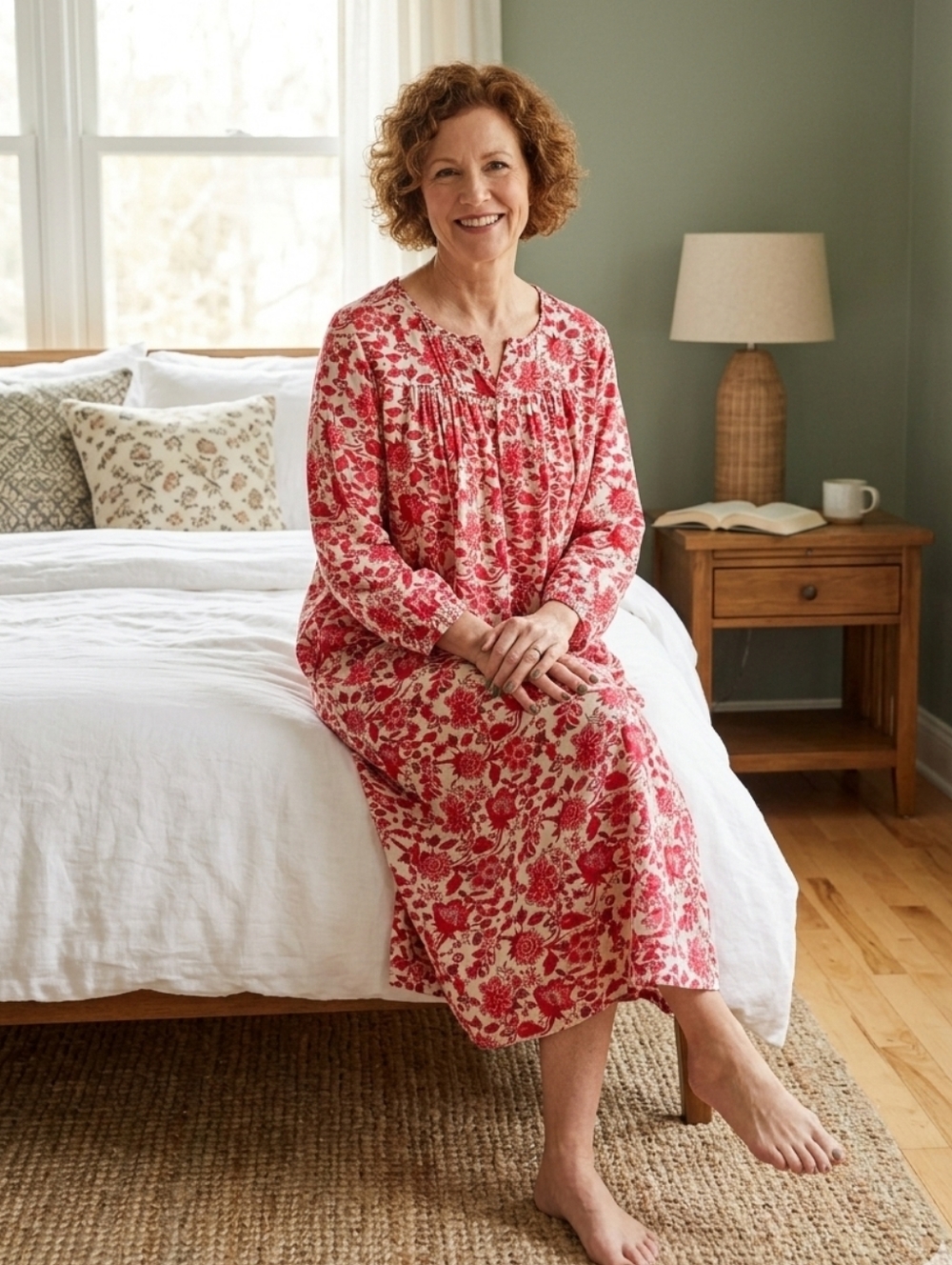 ​Lands' End 100% Cotton Red Floral Nightgown Plus Size 2X 20W 22W Long Sleeve